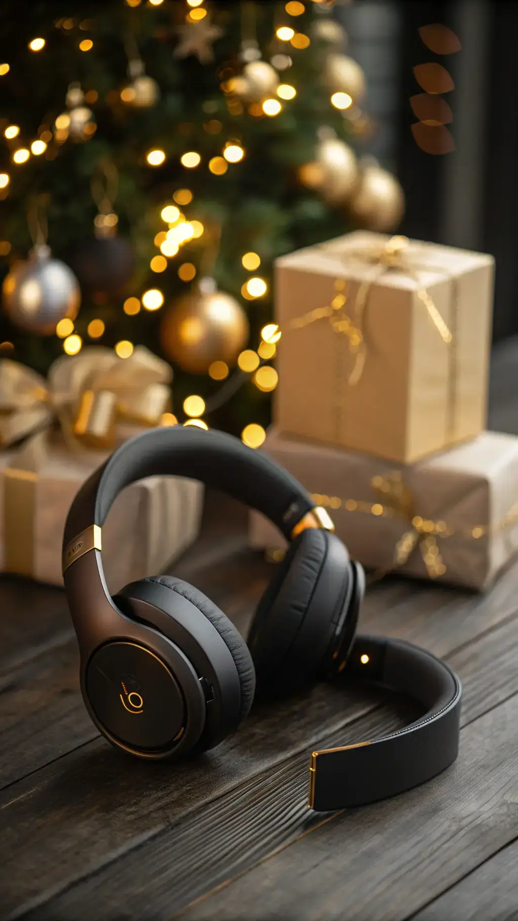 Premium Over-Ear Kopfhörer mit weihnachtlichem Bokeh auf Holztisch