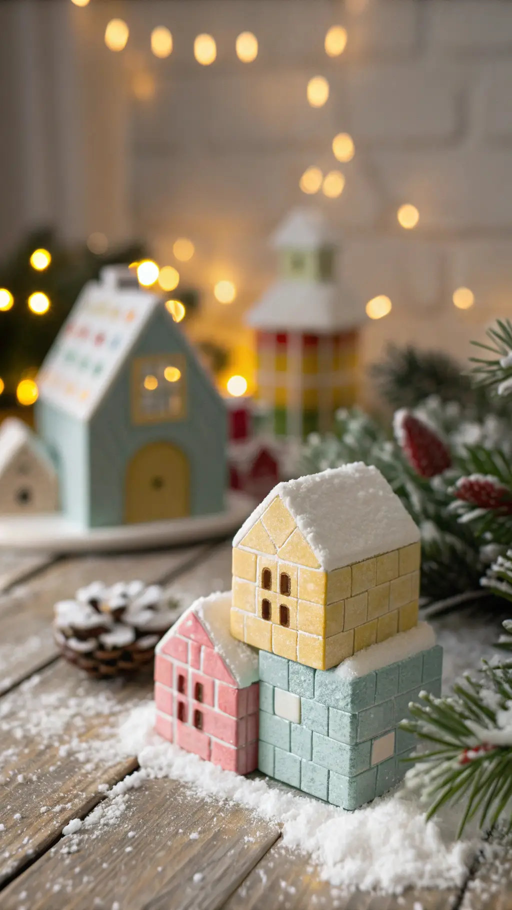 Bunte Bausteine im Winter-Miniset mit warmen Lichterketten