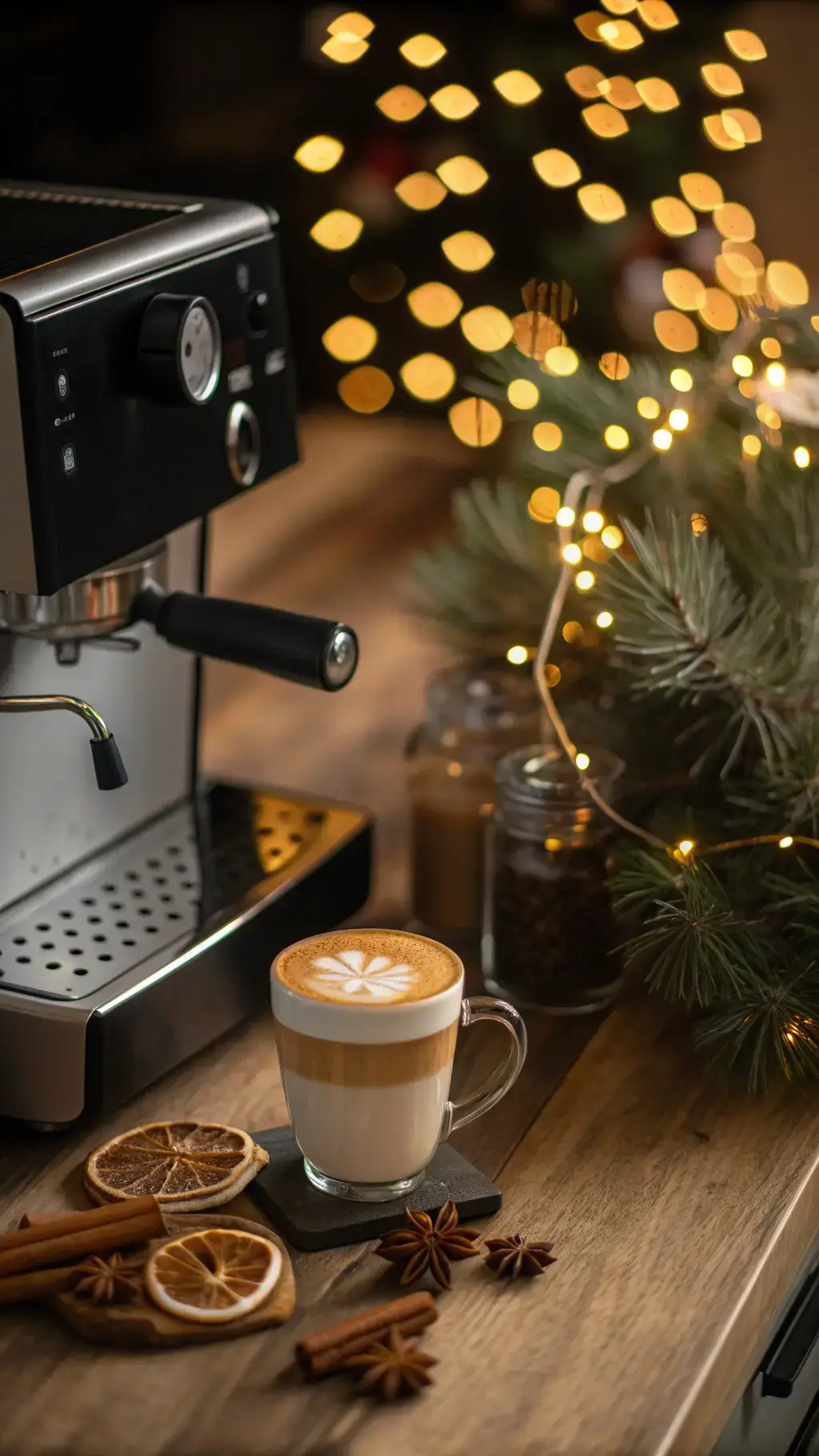 Kaffeevollautomat mit Cappuccino und Tannenzweig, festliche Stimmung