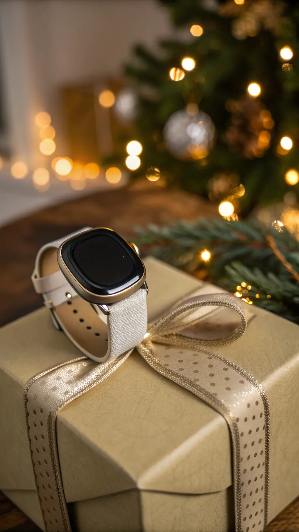 Minimalistische Smartwatch auf Geschenkbox, goldenes Bokeh