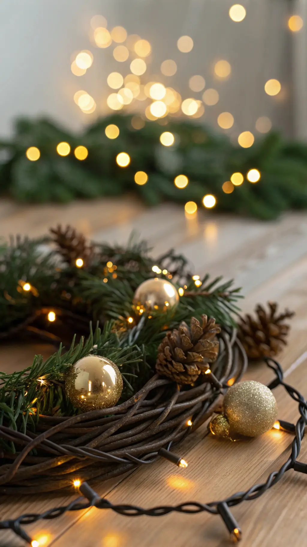 Warme LED-Lichterkette im Kranz mit goldenen Kugeln