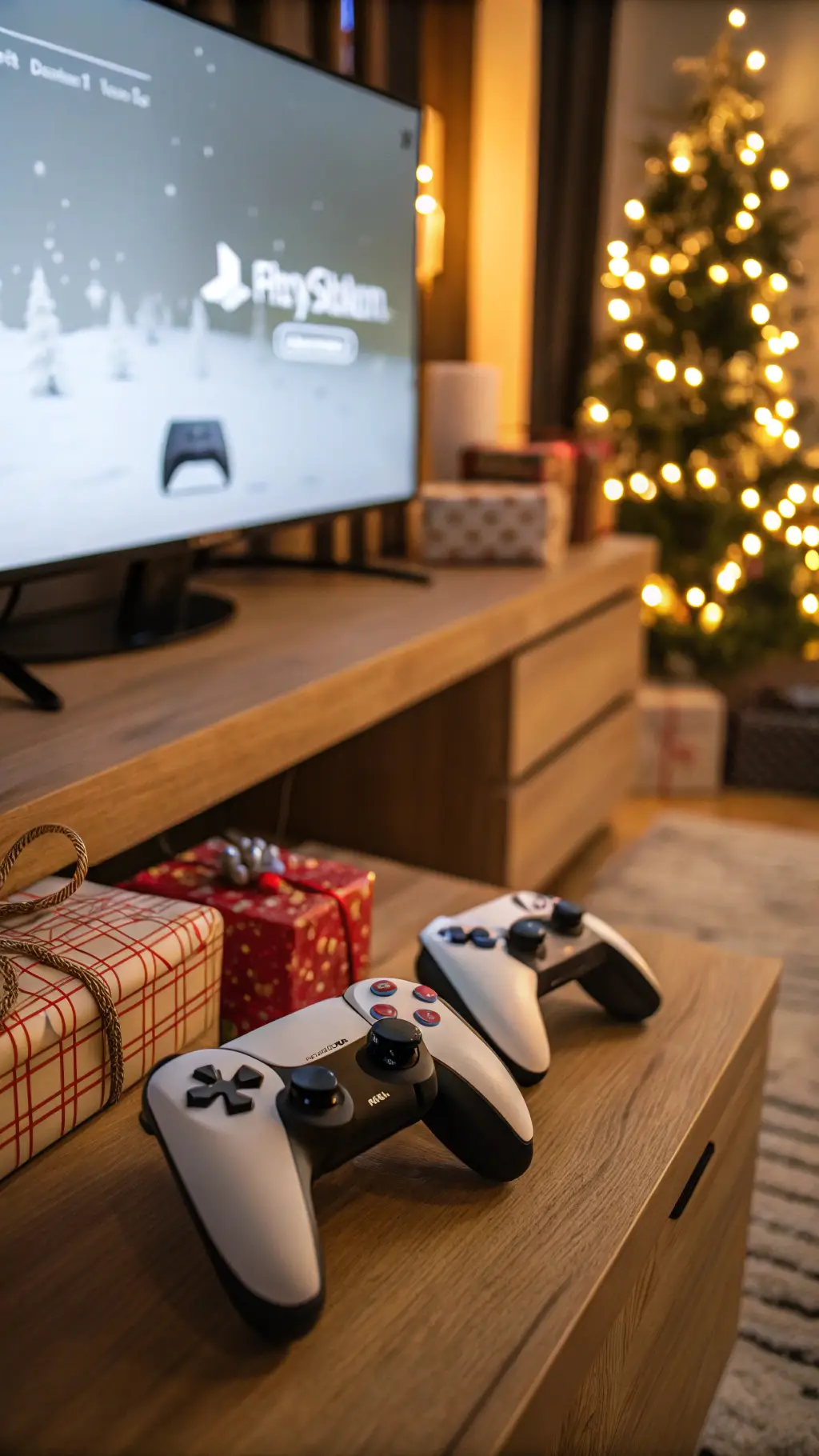 Moderne Spielkonsole mit zwei Controllern vor warmem Weihnachts-Bokeh
