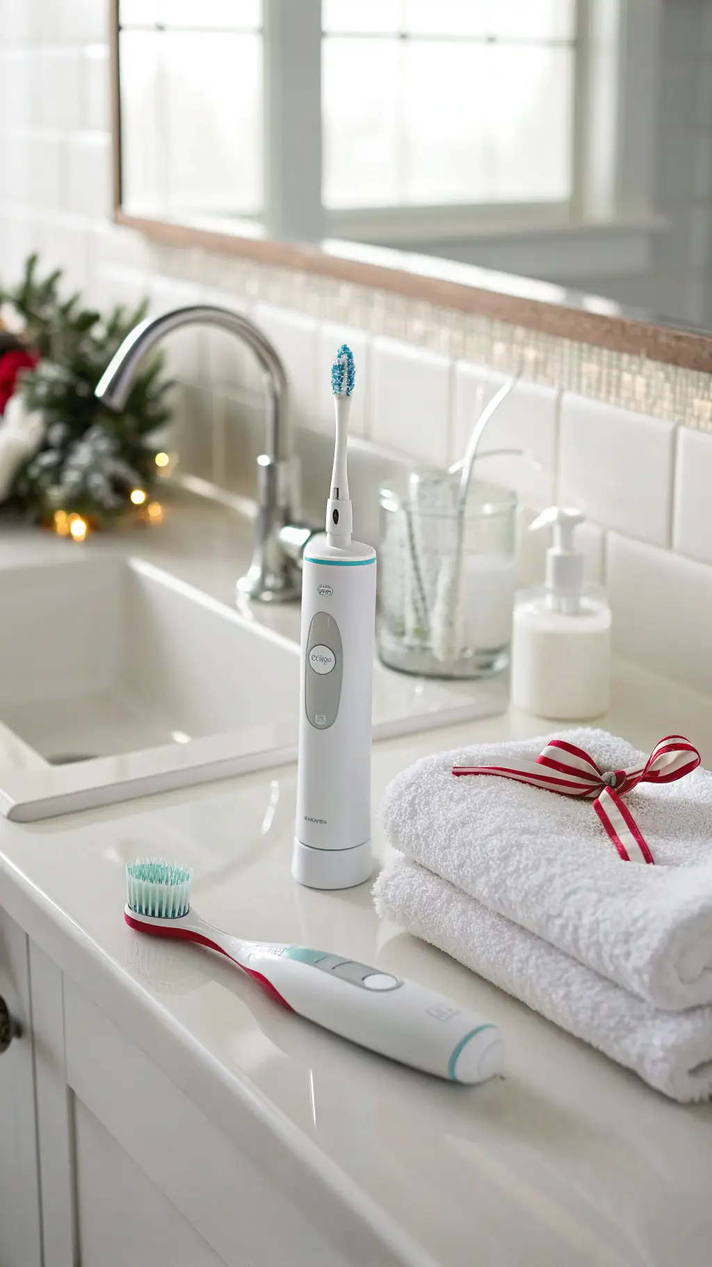 Elektrische Zahnbürste und Munddusche auf heller Waschtischplatte