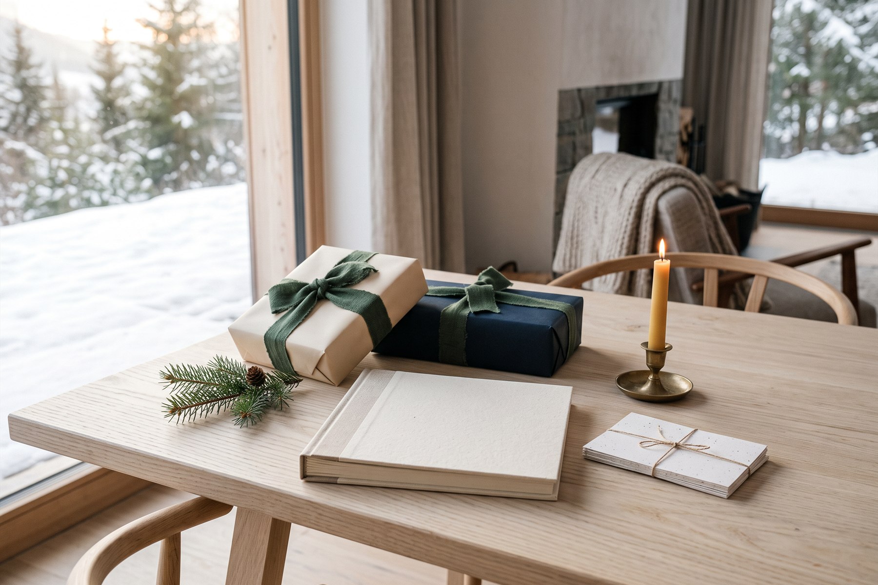 Zwei schlicht verpackte Geschenke liegen neben einem leeren Erinnerungsalbum und Rezeptkarten auf einem Holztisch.