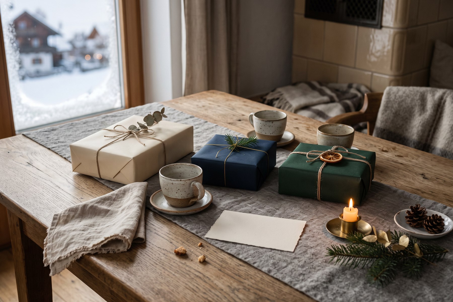 Drei schlicht verpackte Geschenke stehen zwischen Keramiktassen und einer leeren Grußkarte auf einem winterlichen Holztisch.