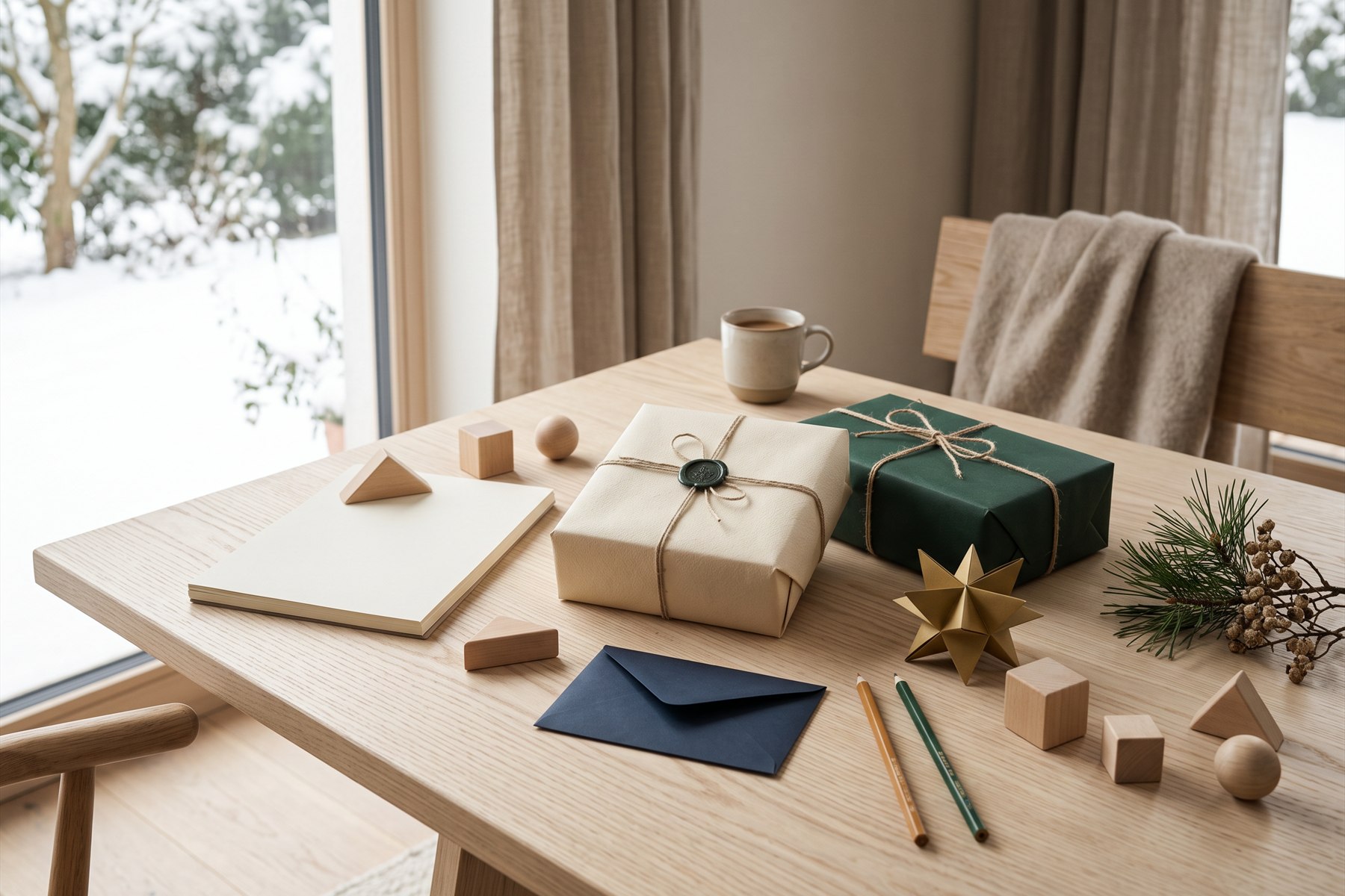 Neutral verpackte Geschenke liegen zwischen Skizzenpapier, Stiften und geometrischen Holzformen auf einem hellen Holztisch.