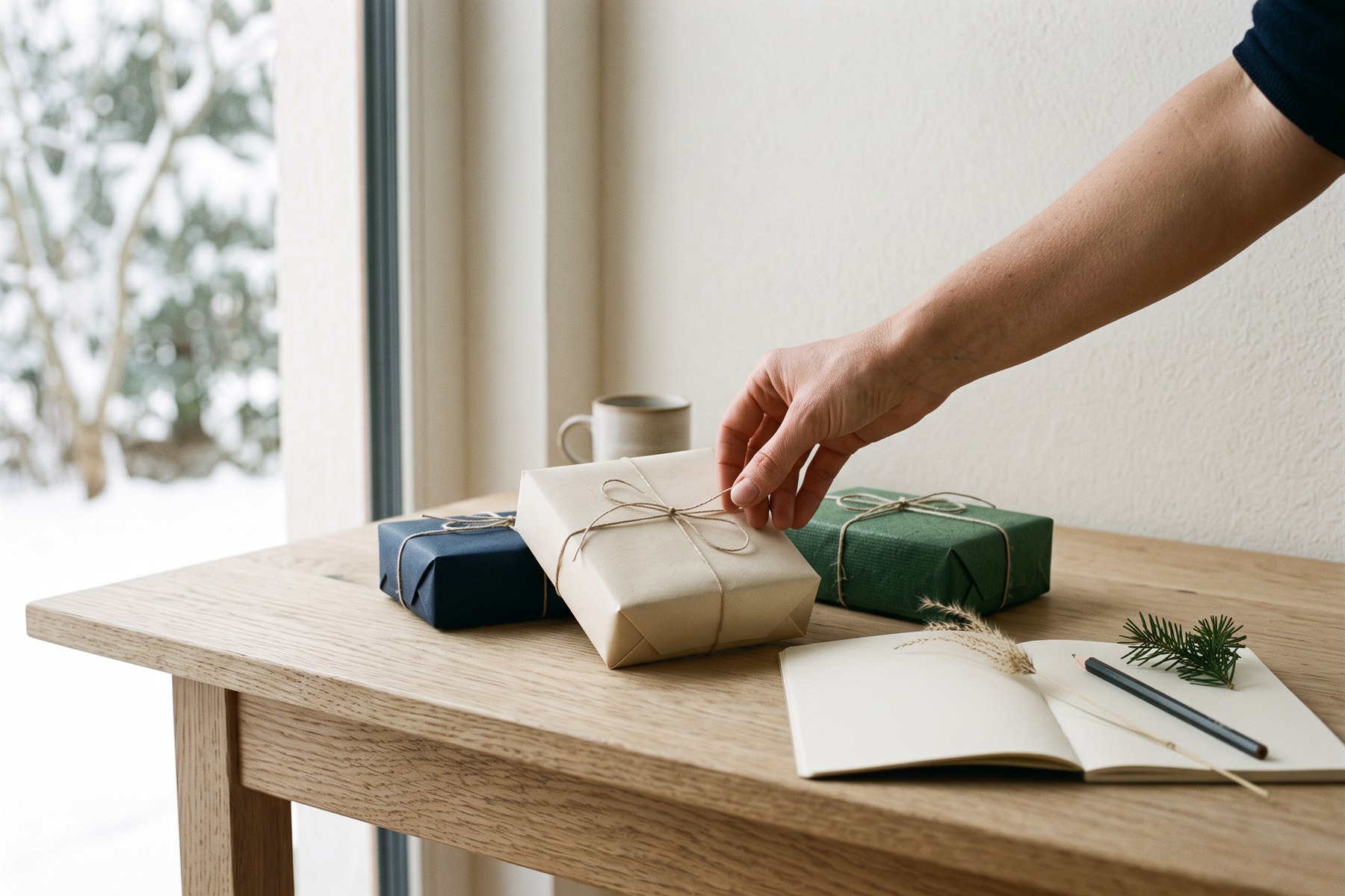 Eine Hand wählt eines von drei schlicht verpackten Geschenken auf einem Holztisch aus.