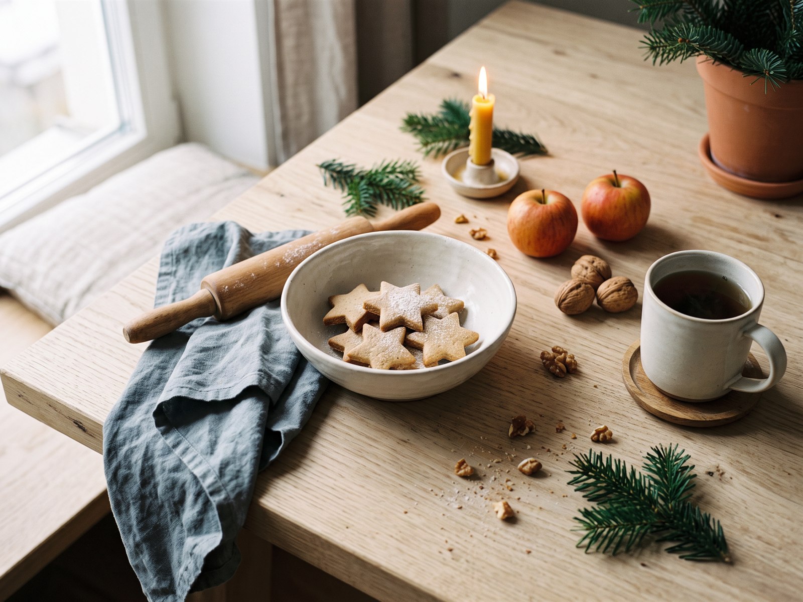 Weihnachtliches Stillleben mit Sterngebäck, Tee, Äpfeln und Tannengrün auf einem Holztisch.