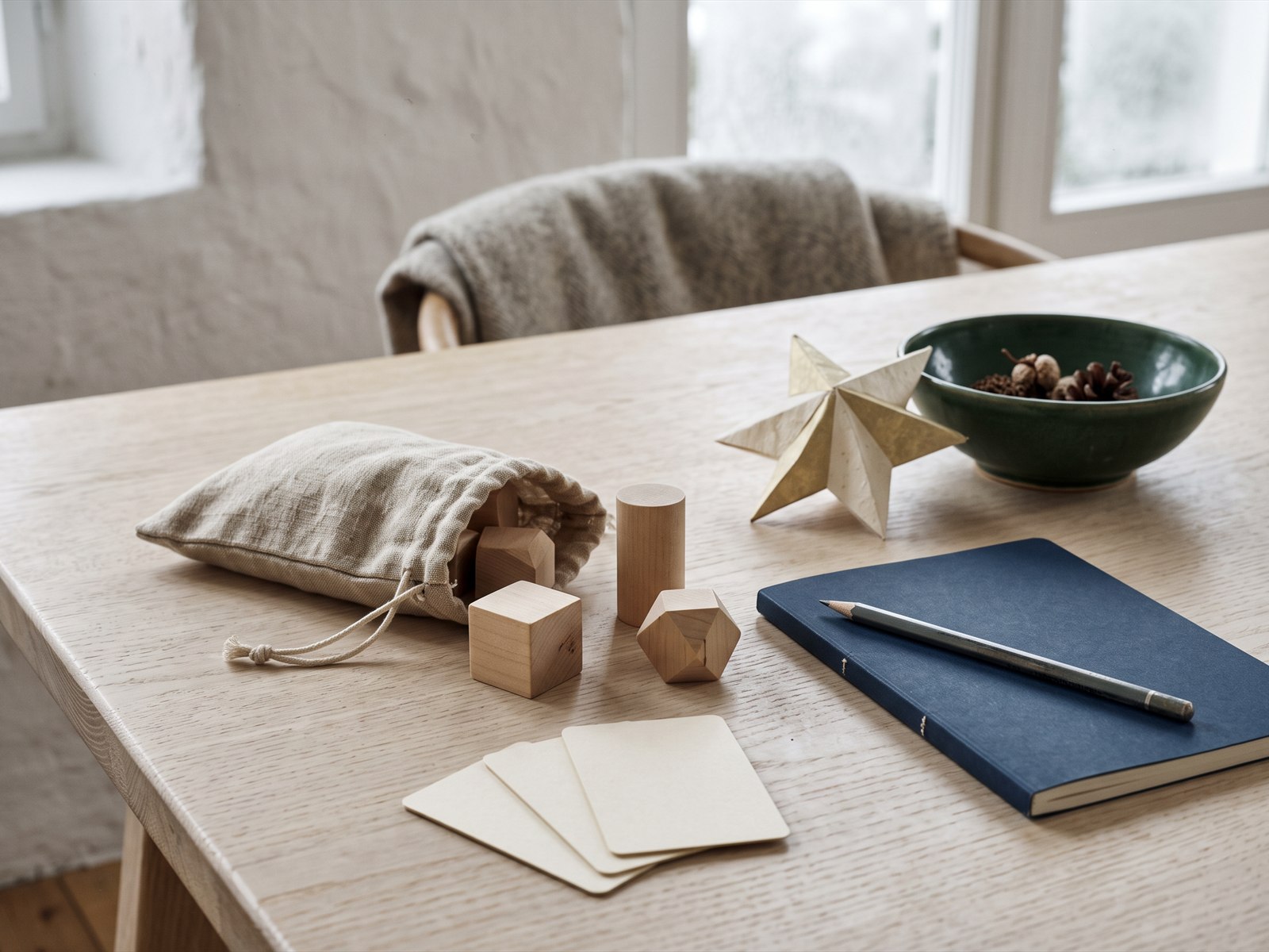 Holzformen, leere Spielkarten, Stoffbeutel und Notizbuch liegen auf einem hellen Holztisch.