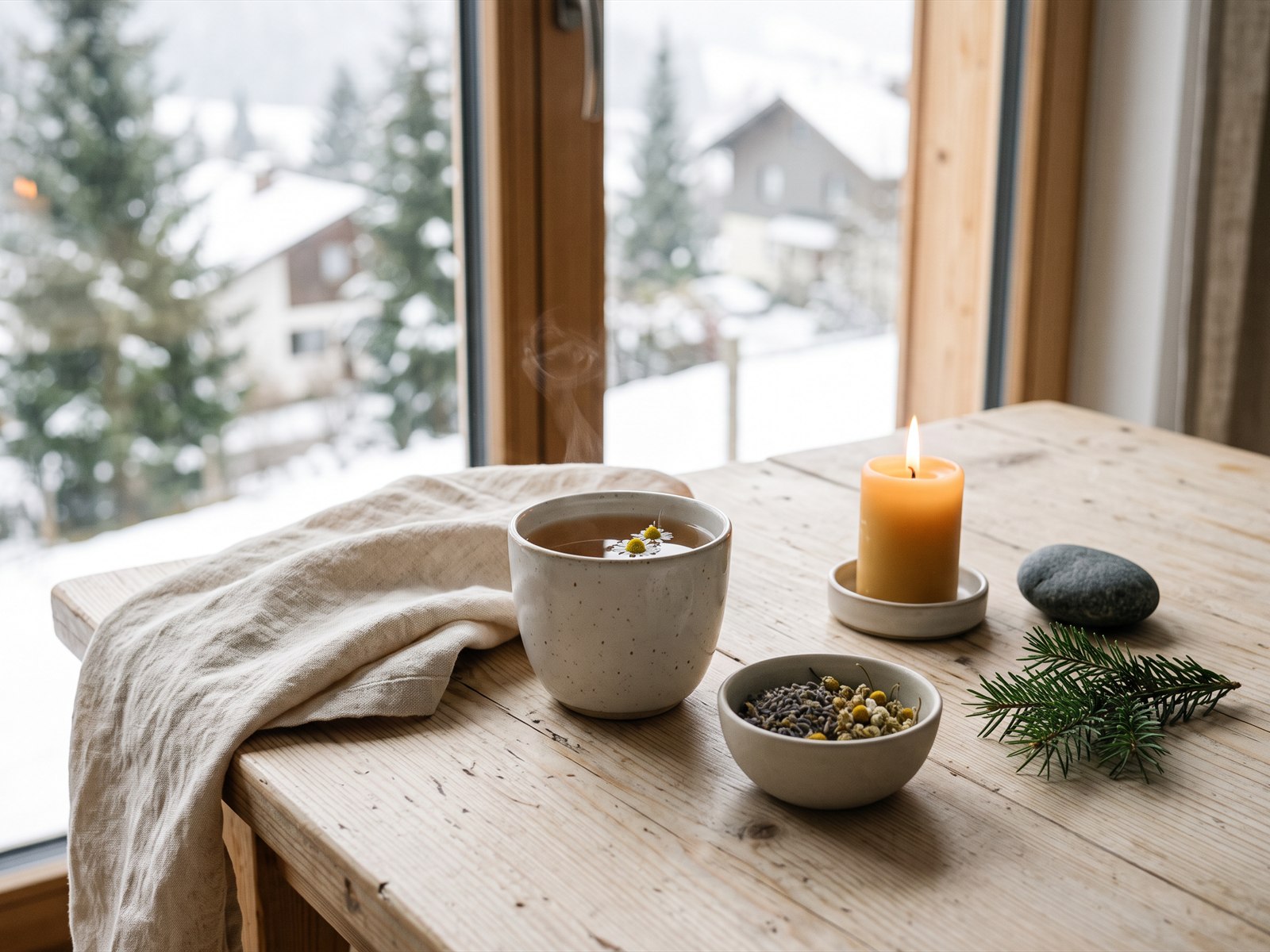 Kräutertee, Leinentuch, Bienenwachskerze und getrocknete Kräuter stehen auf einem hellen Holztisch.