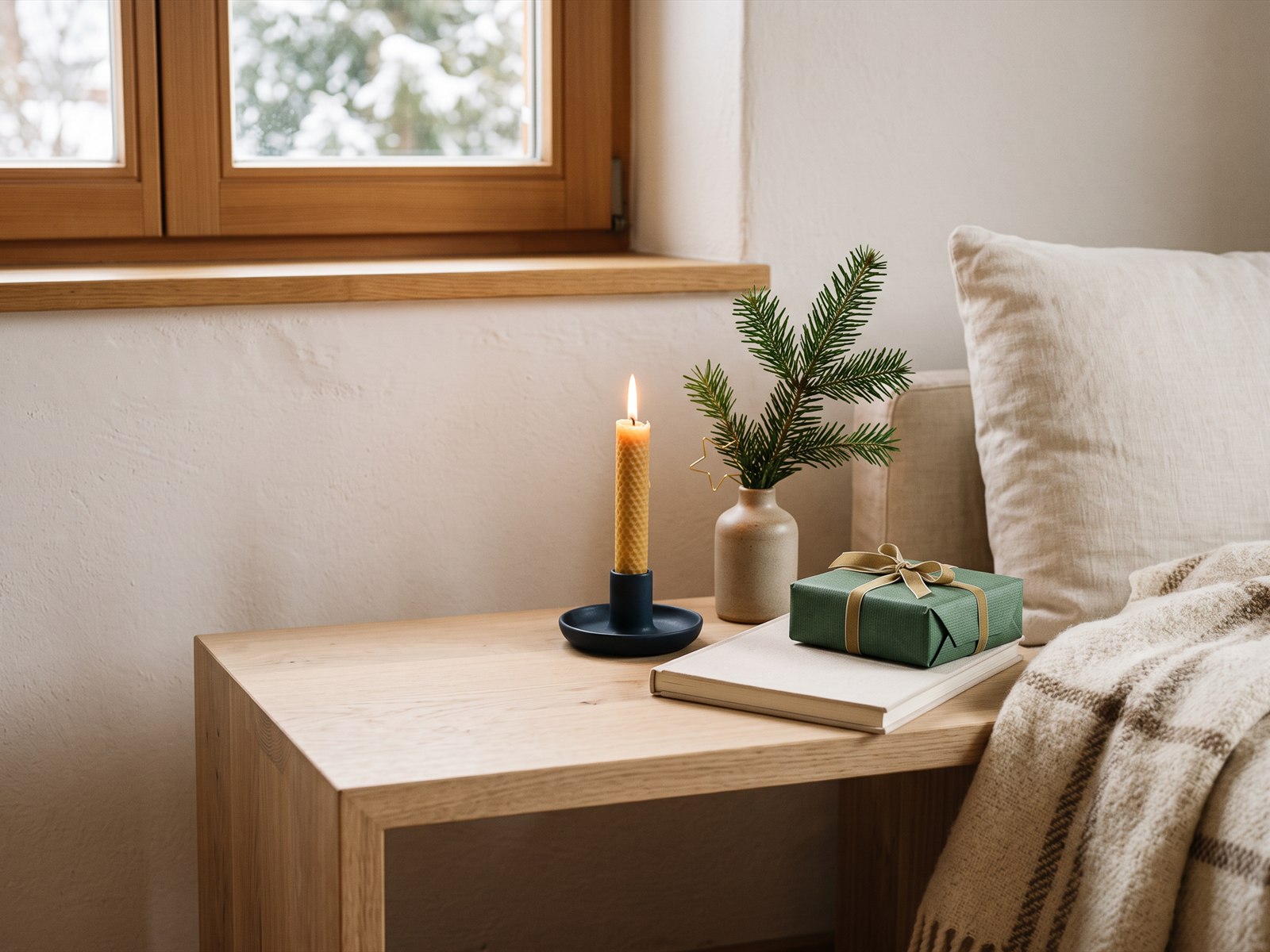 Kerze, Tannenzweig, Leinentextilien und ein schlichtes Geschenk bilden eine ruhige winterliche Wohnecke.